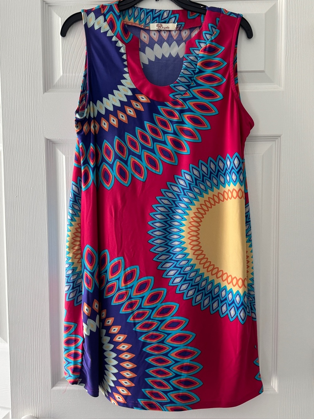 Aryeh Sleeveless Dress in Magenta with Blue & Yellow Mandala Print